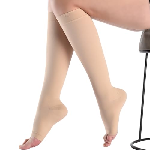 2 Pairs 20-30 mmHg Graduated Compression Socks for Women & Men, Open Toe Knee High stocking, Support Circulation, Travel & Daily Comfort Medium 20-30mmHg Beige 2Pairs