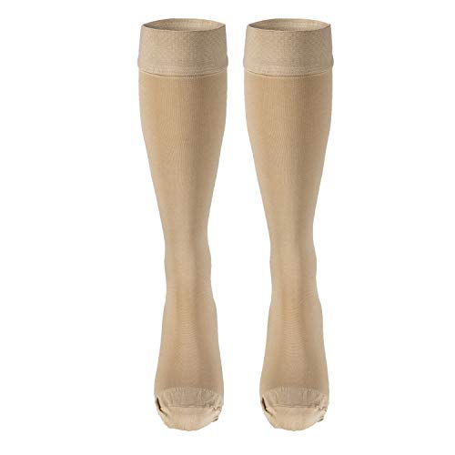 Truform 20-30 mmHg Compression Stockings for Men and Women, Knee High Length, Dot Top, Beige Beige (Closed Toe) Large (1 Pair)
