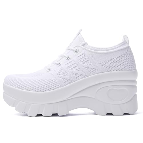 Women's Breathable Platform Walking Shoes Comfort Platform Sneakers 8.5 White