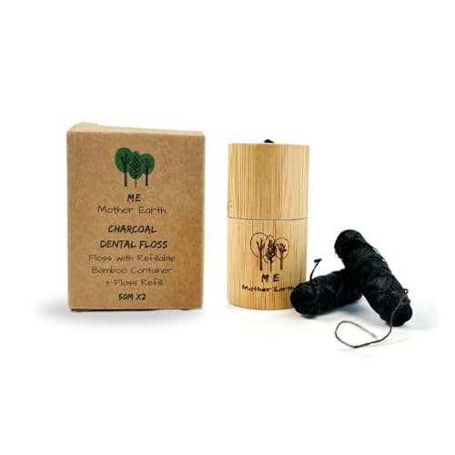 Vegan Biodegradable Bamboo Charcoal Dental Floss with Refillable Bamboo Container with 30M x4 Refill | Peppermint Essential Oil | Eco Friendly Zero Waste Oral Care