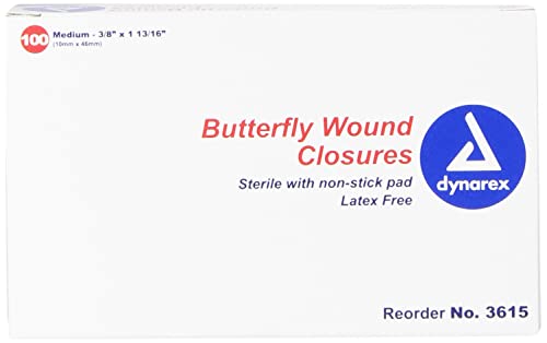 Dynarex Adhesive Bandage, Butterfly Fab, Medium, 3/8 Inches x 1 13/16 Inches Sterile, White, 100 Count Medium (Pack of 100)