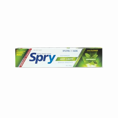 Spry Xylitol Toothpaste with Fluoride, Natural Spearmint, Anti-Cavity, 5 oz (3 Pack) Spearmint (With Fluoride) 5 Ounce (Pack of 3)