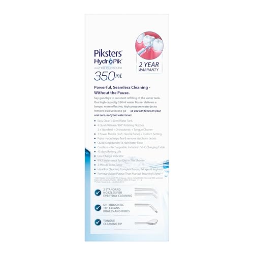 Piksters HydroPik 350ml Water Flosser – Braces Care & 45 Days Battery Black - 350ml (11.83 Fl Oz)