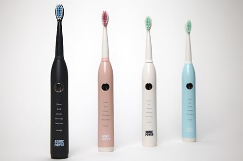 SonicPower Electric Toothbrush Kit, Ultra Portable & Lightweight with 5 Cleaning Modes, 1 Year Supply of Brush Heads, Rechargeable Battery, Mirror Mount & Travel Cap Included (Black) Black