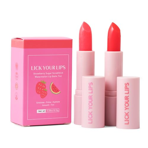 Watermelon Sugar Lip Scrub & Tinted Lip Balm and and Strawberry Sugar Lip Scrub Stick Duo