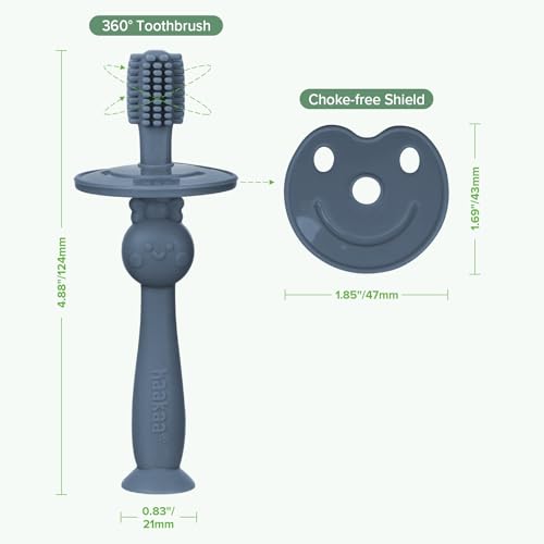 haakaa 360° Baby Toothbrush with Suction Base - Food-Grade Silicone, Adjustable Safety Shield - Steel Blue+Pea Green (2 PCS)