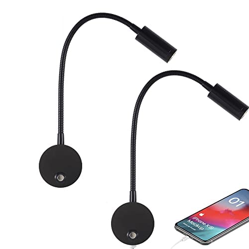 Dimmable RV Reading Light with USB Charging Port, DC 12V RV Interior Lights, Flexible LED Light Fixtures, Designed for Camper, Van, Boat and Motorhome, 2 Pack(Black) Dimmable/ Black/ 2 Pack - BeesActive Australia