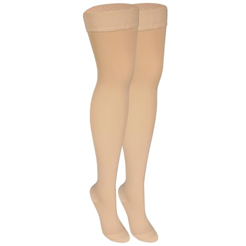 NuVein Medical Compression Stockings, 30-40 mmHg Support, Women & Men Thigh Length Hose, Closed Toe, Beige, Medium 30 - 40 mmHg