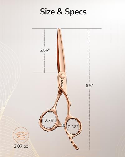 ULG Professional Hair Cutting Scissors with Luxury 18K Rose Gold Finish 6.5" Barber Scissors 440C Japanese Stainless Steel Hand-Honed Razor Sharp Blades Offset Handles Tension Adjustable, Right-Handed Rose Gold-6.5 Inch-right