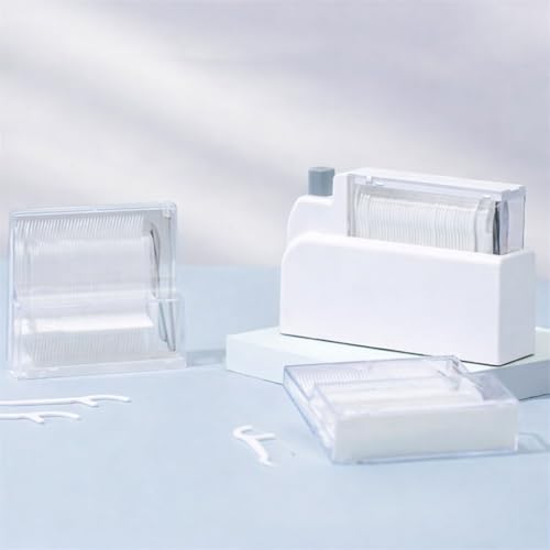 Refillable Dental Floss Pick Dispenser for Home, Press to Dispense Floss Stick Holder, Covered Countertop Storage Box for Compatible Floss Picks, White