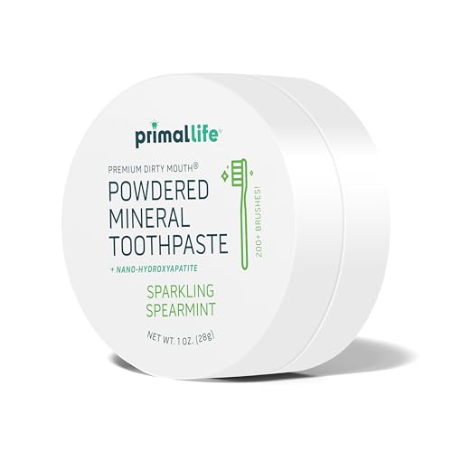 Primal Life Organics - Dirty Mouth Toothpowder, Tooth Cleaning Powder, Flavored Essential Oils with Natural Kaolin & Bentonite Clay, Good for 200+ Brushings, Paleo, Organic, Vegan (Spearmint, 1 oz) 1 Ounce (Pack of 1) Sparkling Spearmint