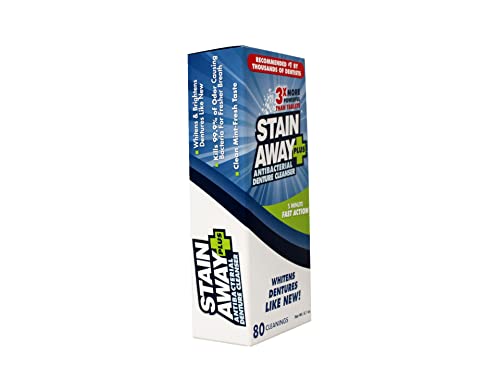 Stain Away Plus Antibacterial Denture Cleanser, 3X More Powerful Than Tablets, Whitens Dentures Like New, 5 Minute Fast Action, Clean Mint Taste, 80 Cleanings, 8.1 oz (Pack of 2) 8.1 Ounce (Pack of 2)