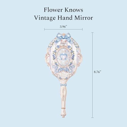 Flower Knows Bunny Garden Hand Mirror, Blue Decorative Makeup Mirror Bunny Garden-cloudy Blue 8.4"L x 4.2"W