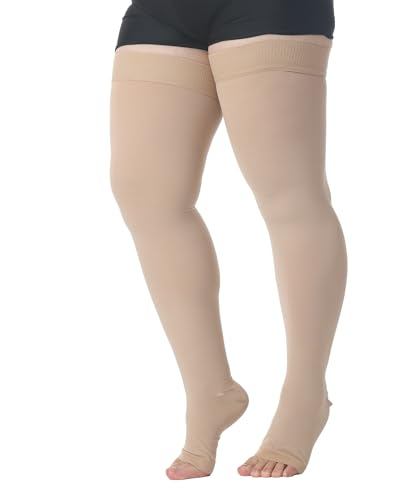 MGANG Plus Size Thigh High Compression Stockings, 20-30mmHg, Varicose Veins 20-30mmhg Beige 5X-Large