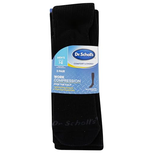 Dr. Scholl's Men's Athletic & Work Compression Over the Calf Socks - 1 & 3 Pair Packs - Fatigue Relief 7-12 Black (3 Pairs)