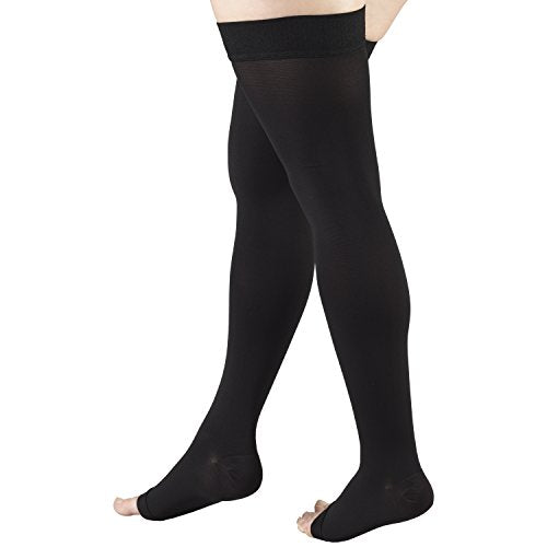 Truform 20-30 mmHg Compression Stockings for Men and Women, Thigh High Length, Dot-Top, Open Toe Black Large (1 Pair)