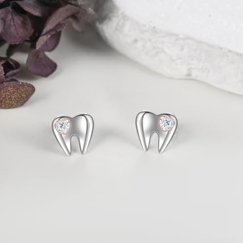 YAFEINI Tooth Earrings Dental Gifts 925 Sterling Silver Heart Tooth Stud Earrings Tooth Jewelry for Women Girls tooth cz earrings