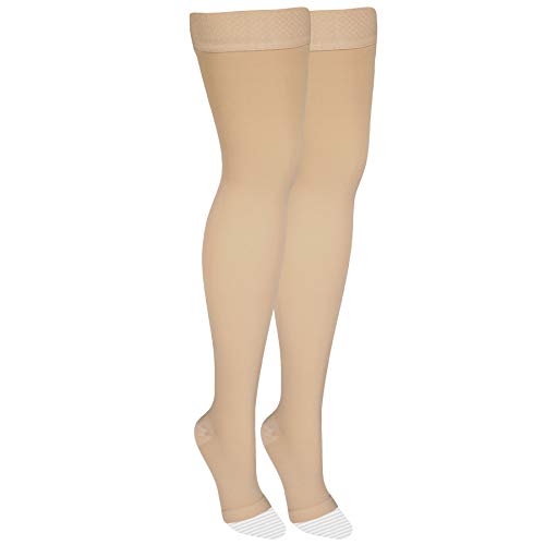Nuvein Medical Compression Stockings, 20-30 mmHg Support, Women & Men Thigh Length Hose, Open Toe, Beige, Medium