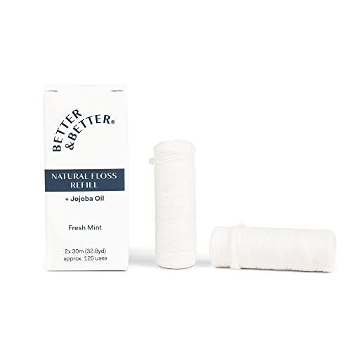 Better & Better Natural Floss in Refillable Glass Jar | 100% Plant-Based Waxed Dental Floss | with Natural Jojoba Oil & Peppermint, Zero Plastic | 3 Floss Bobbins (Each 30m/32.8yd)