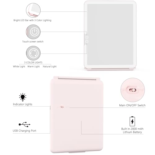 WEILY Portable Travel Mirror ，Foldable Makeup Mirror with 72 LED Lights Pink