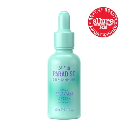Isle of Paradise Self Tanning Face & Body Drops- Self Tanner Drops for a Natural Bronze, Long-lasting Tan, Cruelty Free, Fragrance Free & Dermatologist-Approved, 1.01 fl. oz Medium