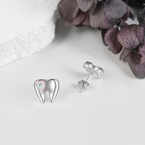 YAFEINI Tooth Earrings Dental Gifts 925 Sterling Silver Heart Tooth Stud Earrings Tooth Jewelry for Women Girls tooth cz earrings