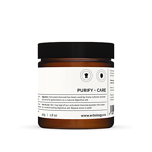 Erbology Activated Charcoal Powder 1.8 oz - Teeth Whitening - Add to Face Masks, Toothpaste and Body Wraps for Natural Exfoliation - Natural Digestive Aid - Vegan - Recyclable Glass Jar 3.2 Ounce (Pack of 1)