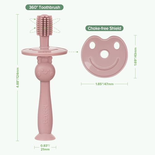 haakaa 360° Baby Toothbrush with Suction Base - Food-Grade Silicone, Adjustable Safety Shield - Blush+Lavender (2 PCS)