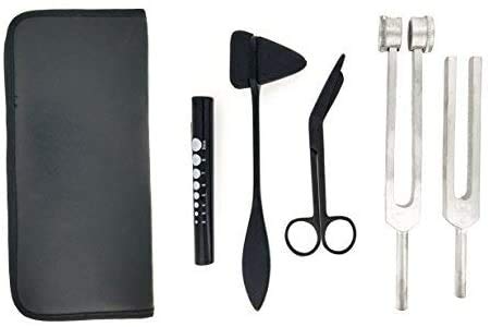 SurgicalOnline Percussion Taylor Reflex Hammer + C 128 & C 512 Tuning Forks + Bandage Scissors + Pupil Gauge Pen Light in Carrying Case - 6-Piece Set (Black)
