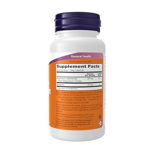 NOW Supplements, Maximum Strength Melatonin 20 mg, 90 Veg Caps 90 Count (Pack of 1)