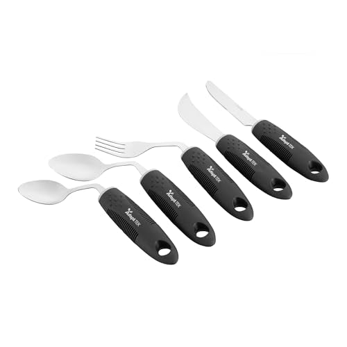 Restaurantware Adaptive Utensils - 1 count Stainless Steel, 9.84 x 5.12 x 1.57 Inches, Ergonomic Eating Aids, Non-Slip Utensil Set for Arthritis, Secure Grip Design, Black 5-Piece, Right Hand