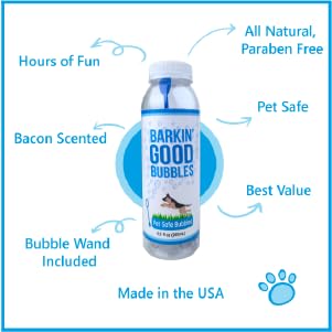 Barkin’ Good Bubbles, Dog Toy, 9.5 fl oz Natural Plant-Based Chicken-Scented Bubble Solution, Great for Indoor & Outdoor Play, Blue