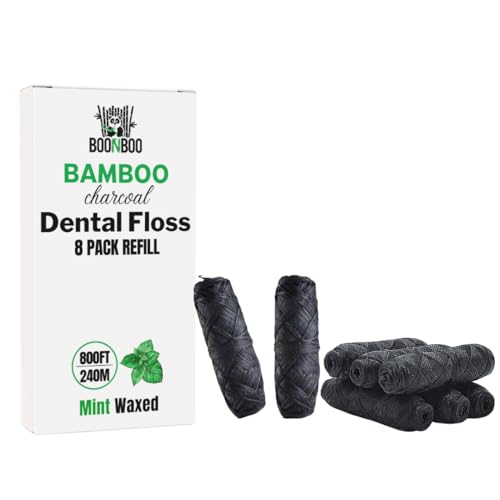 BOONBOO Dental Floss | 100FT/30M Bamboo Woven Thread Dispenser + 8pcs of 100FT | Mint Flavor | Refillable Glass Bottle | Teeth Flosser with Holder
