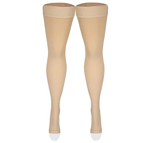 Nuvein Medical Compression Stockings, 20-30 mmHg Support, Women & Men Thigh Length Hose, Open Toe, Beige, Medium