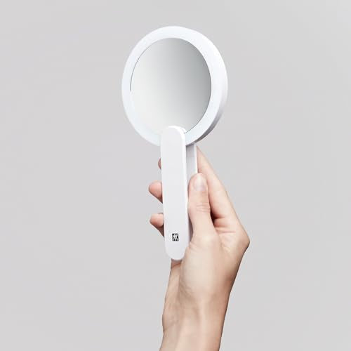ZWILLING Makeup Mirror (10X Magnification, LED Rechargeable, 360 Degree Rotating Handle, Daylight White), Premium, White