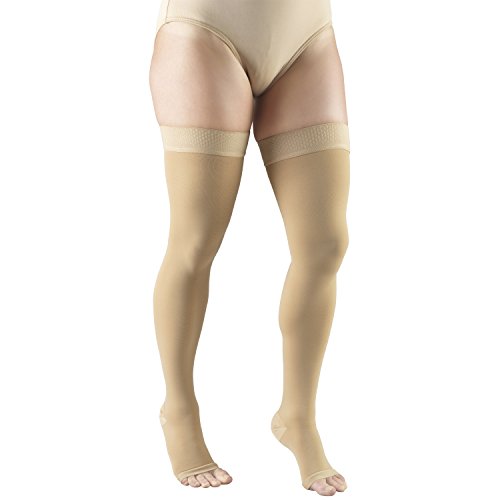 Truform 20-30 mmHg Compression Stockings for Men and Women, Thigh High Length, Dot-Top, Open Toe Beige Medium (1 Pair)