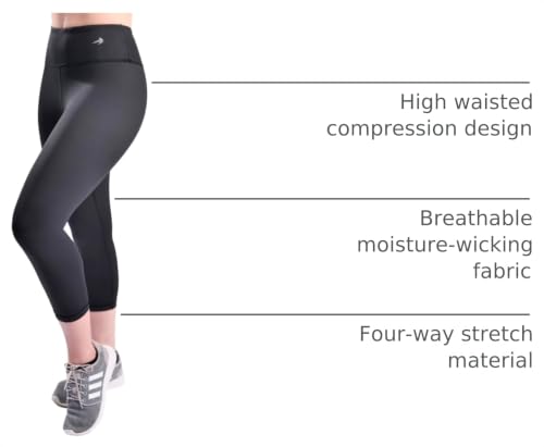 CompressionZ High Waisted Capri Compression Leggings for Women Tummy Control - Workout, Gym, Pilates, Travel, Yoga Pants X-Small Black