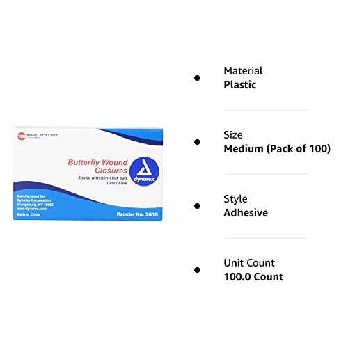 Dynarex Adhesive Bandage, Butterfly Fab, Medium, 3/8 Inches x 1 13/16 Inches Sterile, White, 100 Count Medium (Pack of 100)