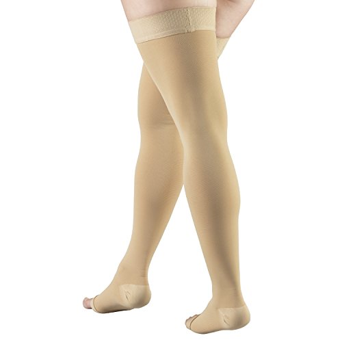 Truform 20-30 mmHg Compression Stockings for Men and Women, Thigh High Length, Dot-Top, Open Toe Beige Medium (1 Pair)