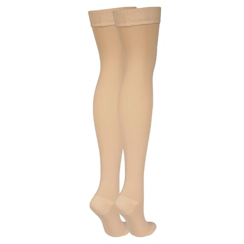 NuVein Medical Compression Stockings, 30-40 mmHg Support, Women & Men Thigh Length Hose, Closed Toe, Beige, Medium 30 - 40 mmHg