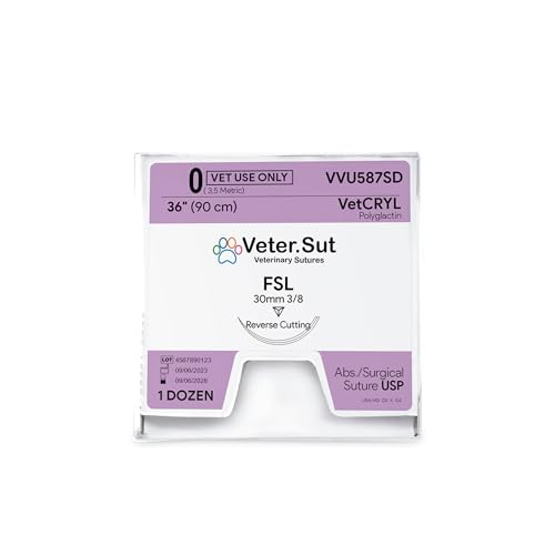 VeterSut VetCRYL Absorbable Polyglactin Surgical Suture USP Size 0, (FSL) 3/8 30mm Reverse Cutting Needle, 36 Inches (90 cm), 12 Count, Veterinary Use