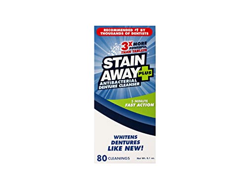Stain Away Plus Antibacterial Denture Cleanser, 3X More Powerful Than Tablets, Whitens Dentures Like New, 5 Minute Fast Action, Clean Mint Taste, 80 Cleanings, 8.1 oz (Pack of 2) 8.1 Ounce (Pack of 2)