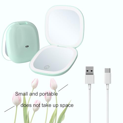 Makeup Mirror with Lights - Dual-Sided Green LED Pocket Mirror, 1X/5X Magnifying Travel Mirror, 3 Light Modes, Rechargeable Handheld Mirror for On-The-Go Makeup, Grooming, and Gifts
