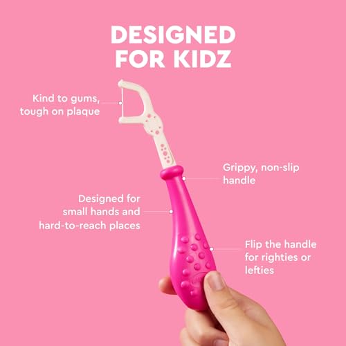 RADIUS EcoFlex Kids Floss Pick Starter Kit, Sustainable Compostable Dental Flossers for Small Mouths, BPA-Free & Non-Toxic, 14 CT Refills + 1 Reusable Handle, Pink, Blue and Chartreuse, Pack of 3 Hot Pink, Sapphire Blue, Chartreuse 1 Count (Pack of 3)