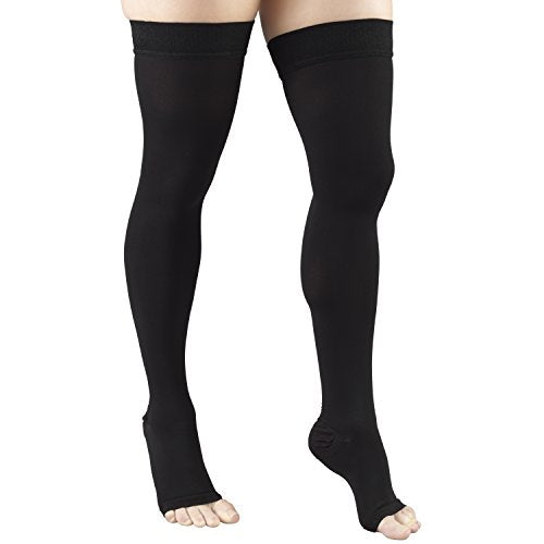 Truform 20-30 mmHg Compression Stockings for Men and Women, Thigh High Length, Dot-Top, Open Toe Black Large (1 Pair)