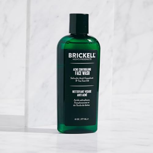 Brickell Men's Acne Face Wash for Men, Acne Face Wash to Cleanse Skin and Eliminate Acne, Clears Breakouts, With 2% Salicylic Acid, Hyaluronic Acid, and Tea Tree Oil, 6 Ounces