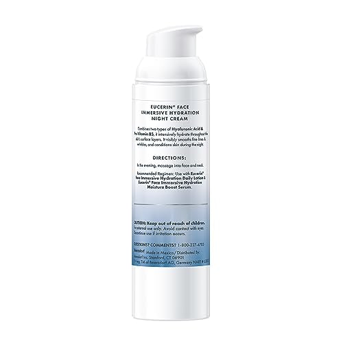 Eucerin Face Immersive Hydration Night Cream with Hyaluronic Acid and Provitamin B5,Ultra-Lightweight Face Moisturizer Smooths Fines Lines and Wrinkles,2.5 Oz Bottle,(Pack of 2) 2.5 Fl Oz (Pack of 2)