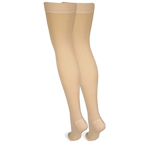 Nuvein Medical Compression Stockings, 20-30 mmHg Support, Women & Men Thigh Length Hose, Open Toe, Beige, Medium