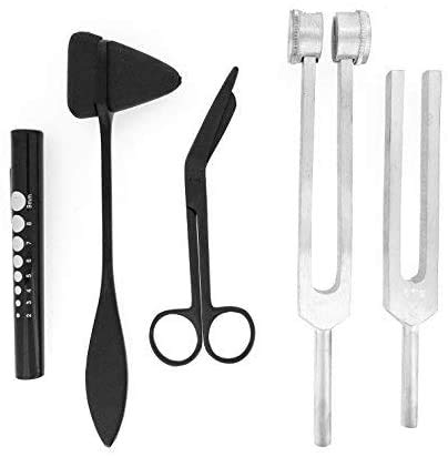 SurgicalOnline Percussion Taylor Reflex Hammer + C 128 & C 512 Tuning Forks + Bandage Scissors + Pupil Gauge Pen Light in Carrying Case - 6-Piece Set (Black)