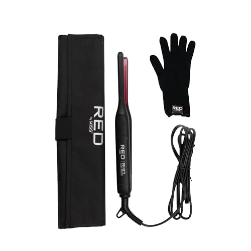 Red by Kiss Pencil Flat Iron, 0.3 Inch Tourmaline Ceramic Mini Hair Straightener, Up to 450°F for Short to Medium Hair, Pixie Cuts, Bangs & Edges, Includes Travel Pouch & Heat-Resistant Glove